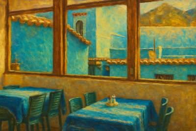 Chefchaouen Café Window View, Chefchaouen, Morocco