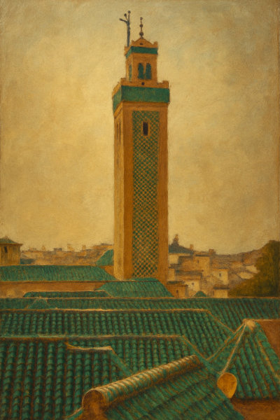 Minaret over Green-Tiled Roofs, Fes, Morocco