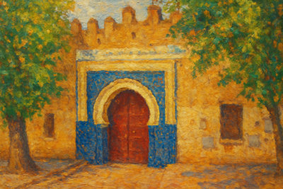 Blue Tiled Gate with Red Door, Fes, Morocco