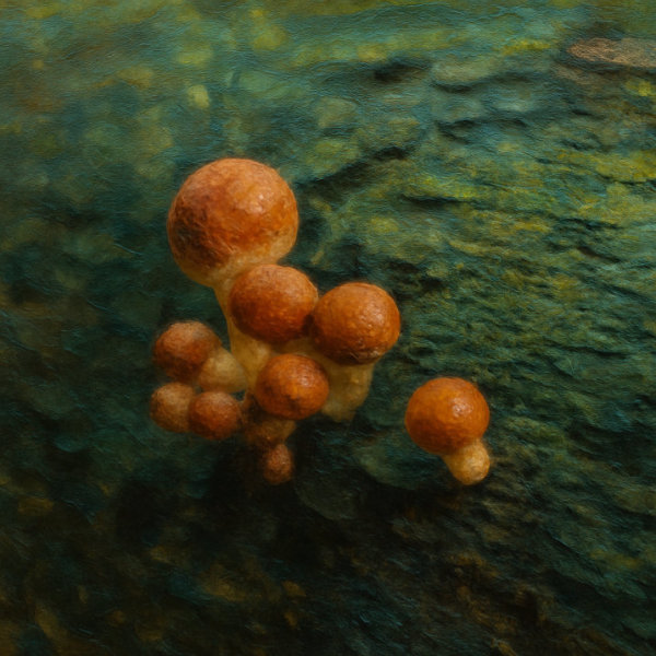 Orange Mushrooms on a Mossy Log, Hrensko, Czech Republic