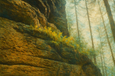 Sandstone Cliff in a Misty Forest, Hrensko, Czech Republic
