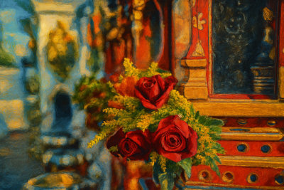 Red Roses at a Temple Shrine, Chiang Rai, Thailand