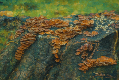 Bracket Fungi on a Mossy Log, Tokyo, Japan