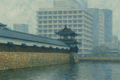 Castle Turret Over the Moat, Hiroshima, Japan