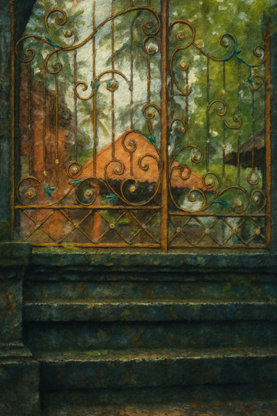 Wrought Iron Gate and Mossy Steps, Sidemen, Indonesia