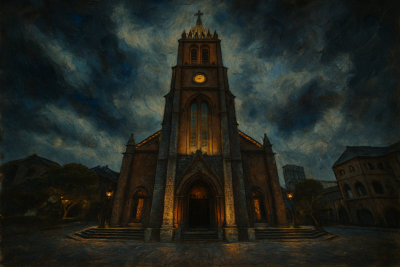 Gothic Brick Cathedral at Night, Seoul, South Korea