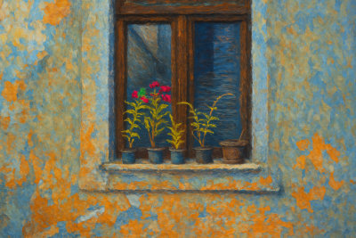 Flowerpots on a Blue Window Ledge, Zagreb, Croatia