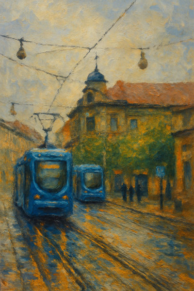 Blue Trams on a Zagreb Street, Zagreb, Croatia