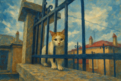 Cat Behind Iron Railings, Korce, Albania
