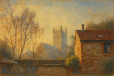 Church Tower Above Village Rooftops, Cheddar, England