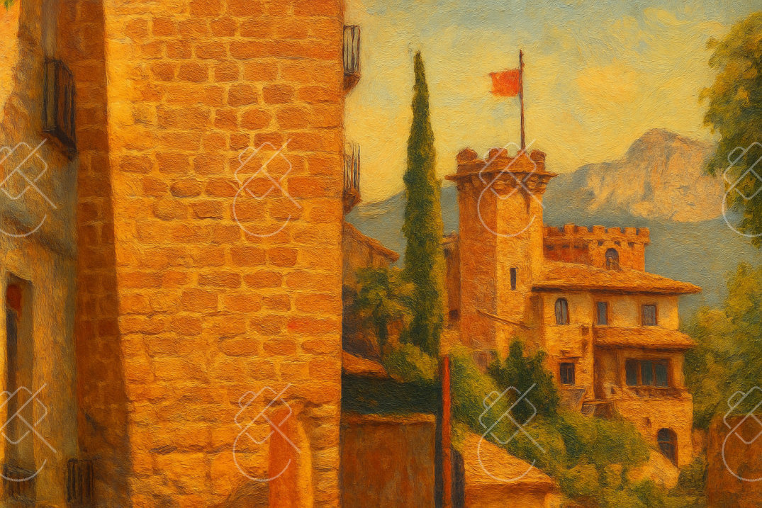 Laguardia Tower and Cypress, photographed in Laguardia, Spain