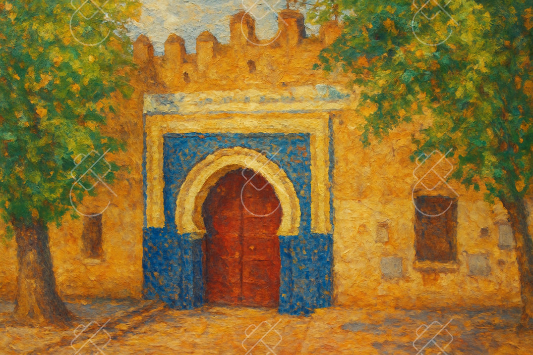 Blue Tiled Gate with Red Door, photographed in Fes, Morocco
