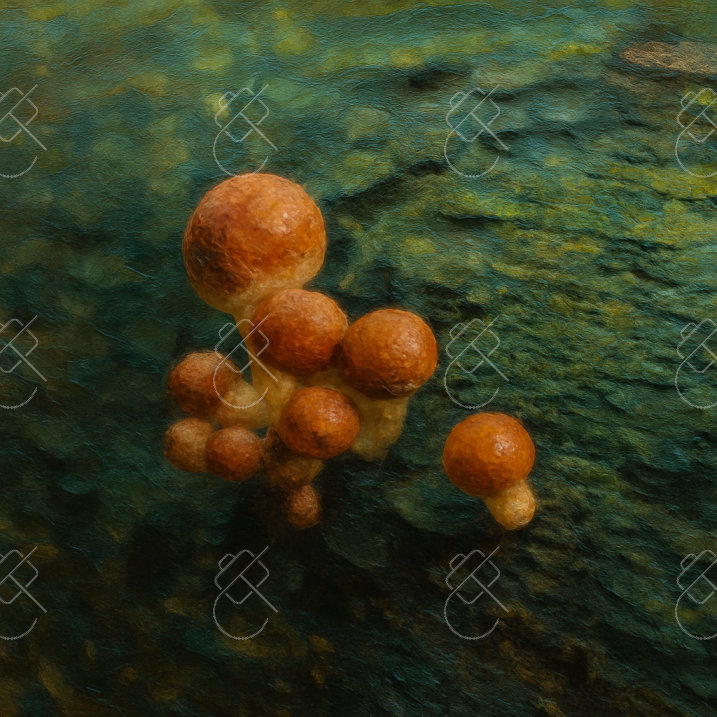 Orange Mushrooms on a Mossy Log, photographed in Hrensko, Czech Republic