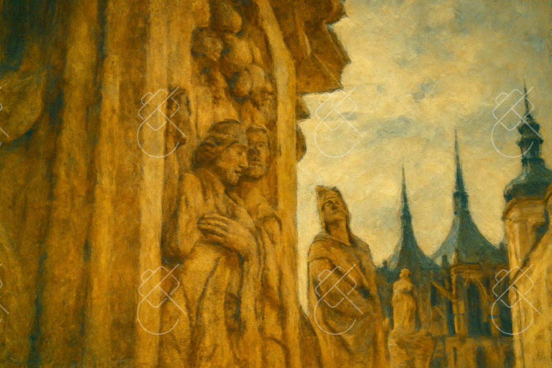 Statues and St. Barbara's Spires, photographed in Kutná Hora, Czech Republic
