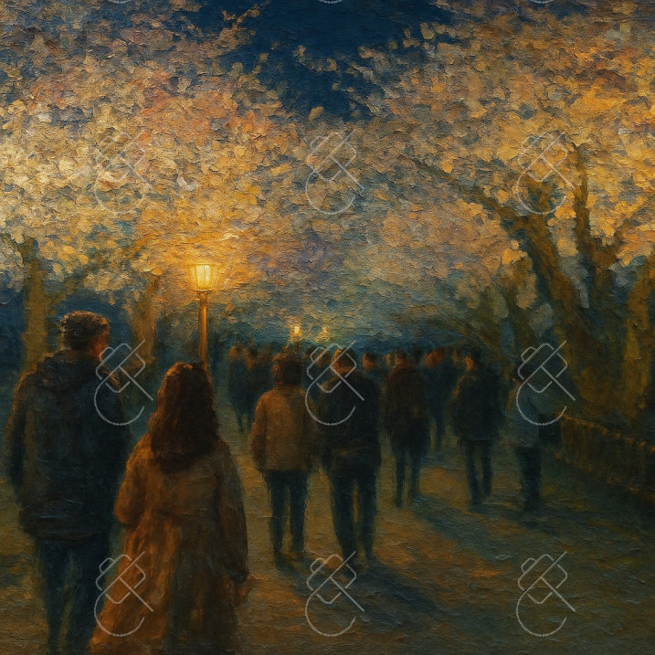 Night Walk Under Cherry Blossoms, photographed in Kanazawa, Japan