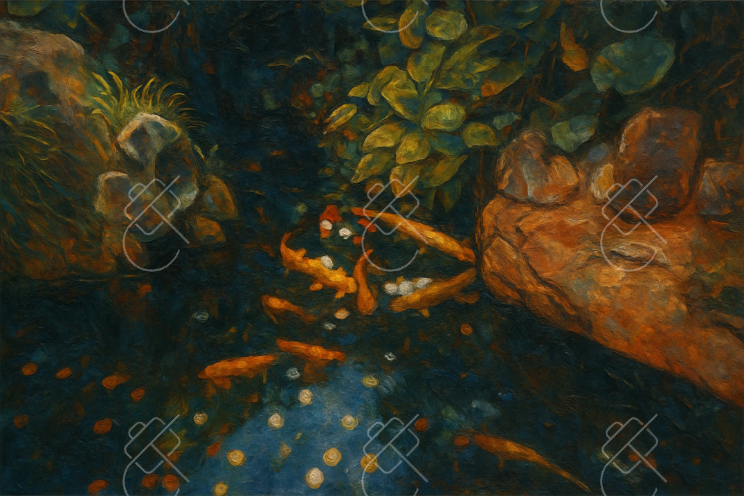 Koi Fish in a Shaded Pond, photographed in Hanoi, Vietnam