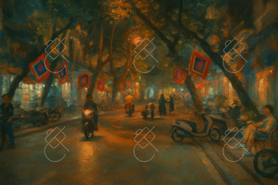 Hanoi Street at Night with Flags, photographed in Hanoi, Vietnam