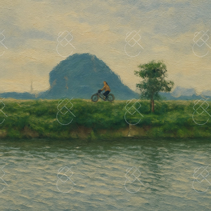Cyclist Beneath a Karst Hill, photographed in Ninh Binh, Vietnam