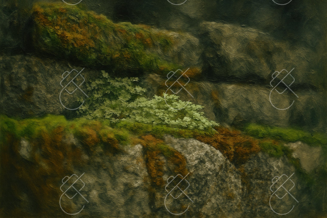 Mossy Stone Wall and Fern, photographed in Ninh Binh, Vietnam