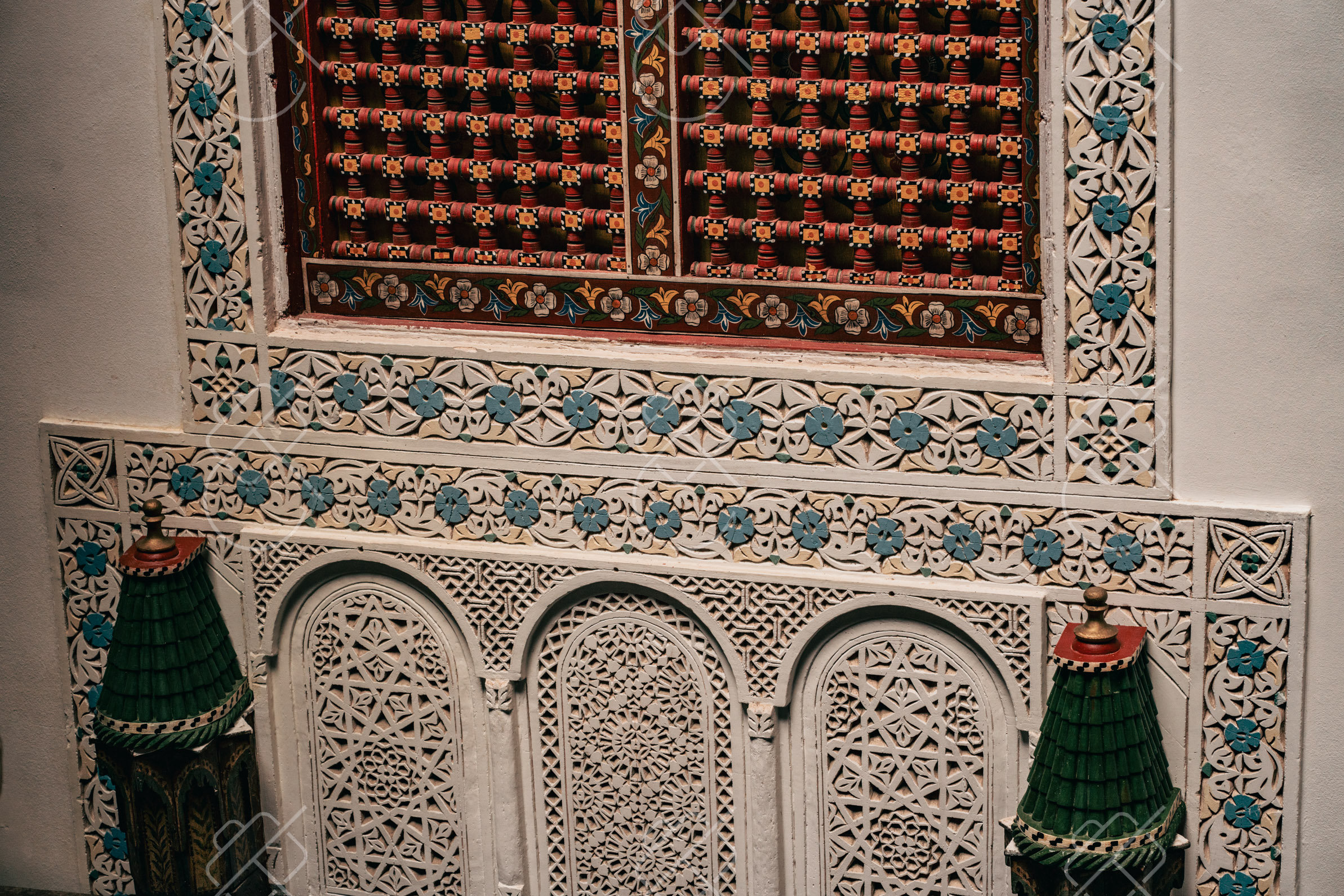 Carved Plaster Screen and Lamps, photographed in Fes, Morocco