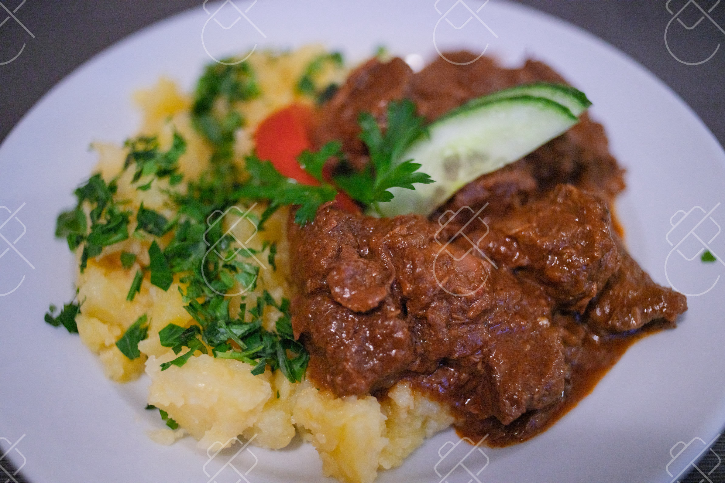 View & buy this print Hungarian beef goulash (pörkölt) with mashed potato — Central Europe