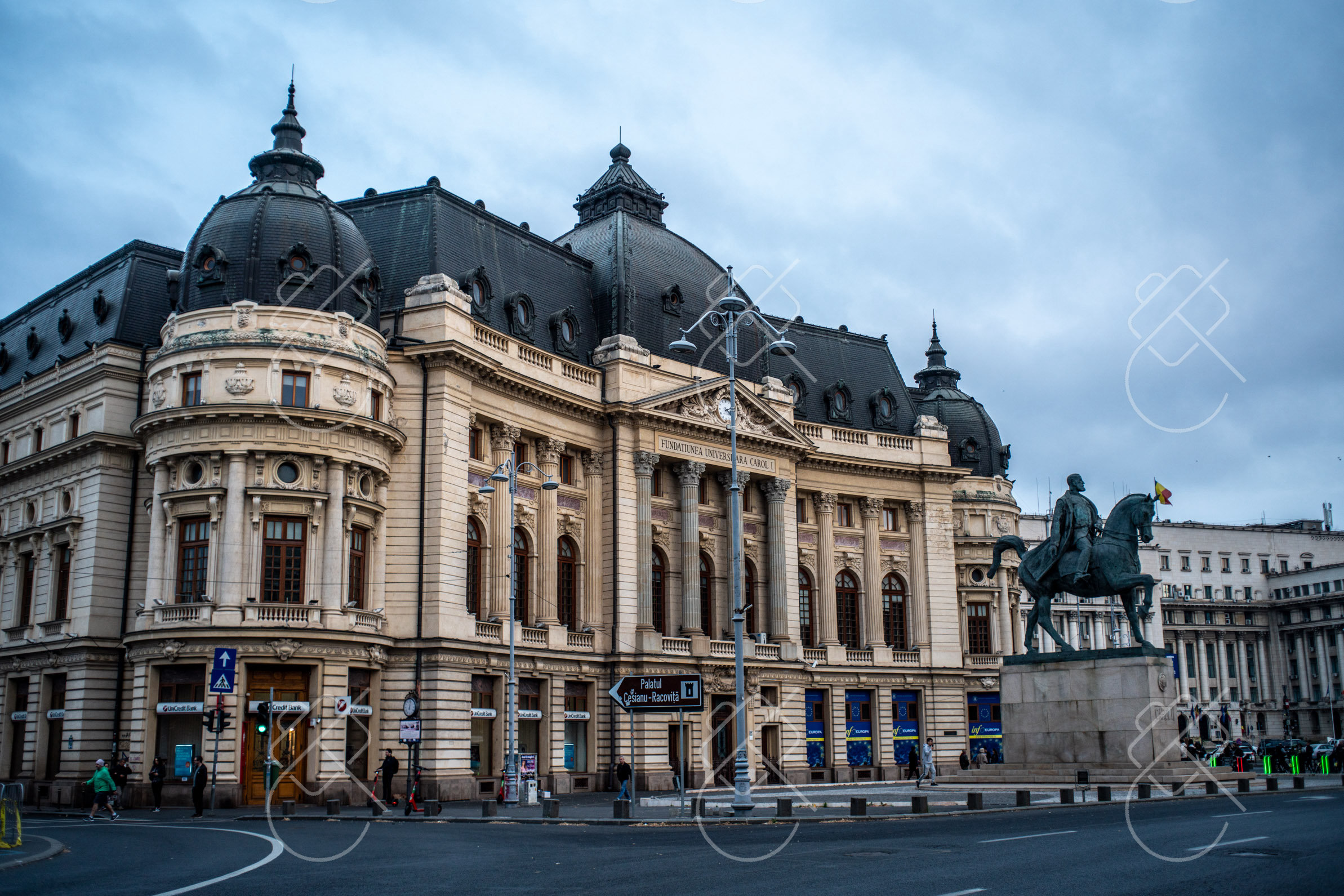 King Carol I's statue before the Central University Library's domed facade — Bucharest, fine art travel photography print available from Clever Tourists