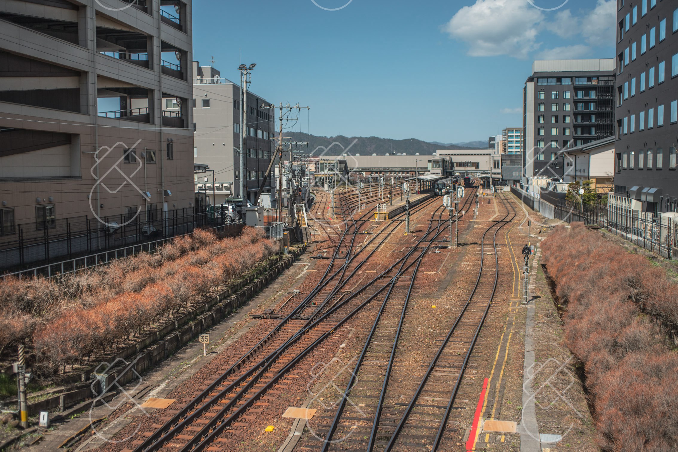 The rail yard beside Takayama Station on the JR Takayama Line, a slow scenic route most Alps itineraries reach by bus instead