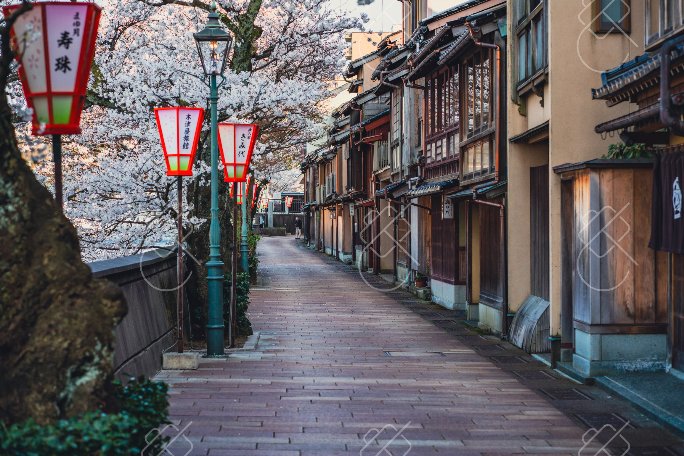 Traditional dark timber lattice teahouses along the paved lanes of Higashi Chaya — Kanazawa, fine art travel photography print available from Clever Tourists