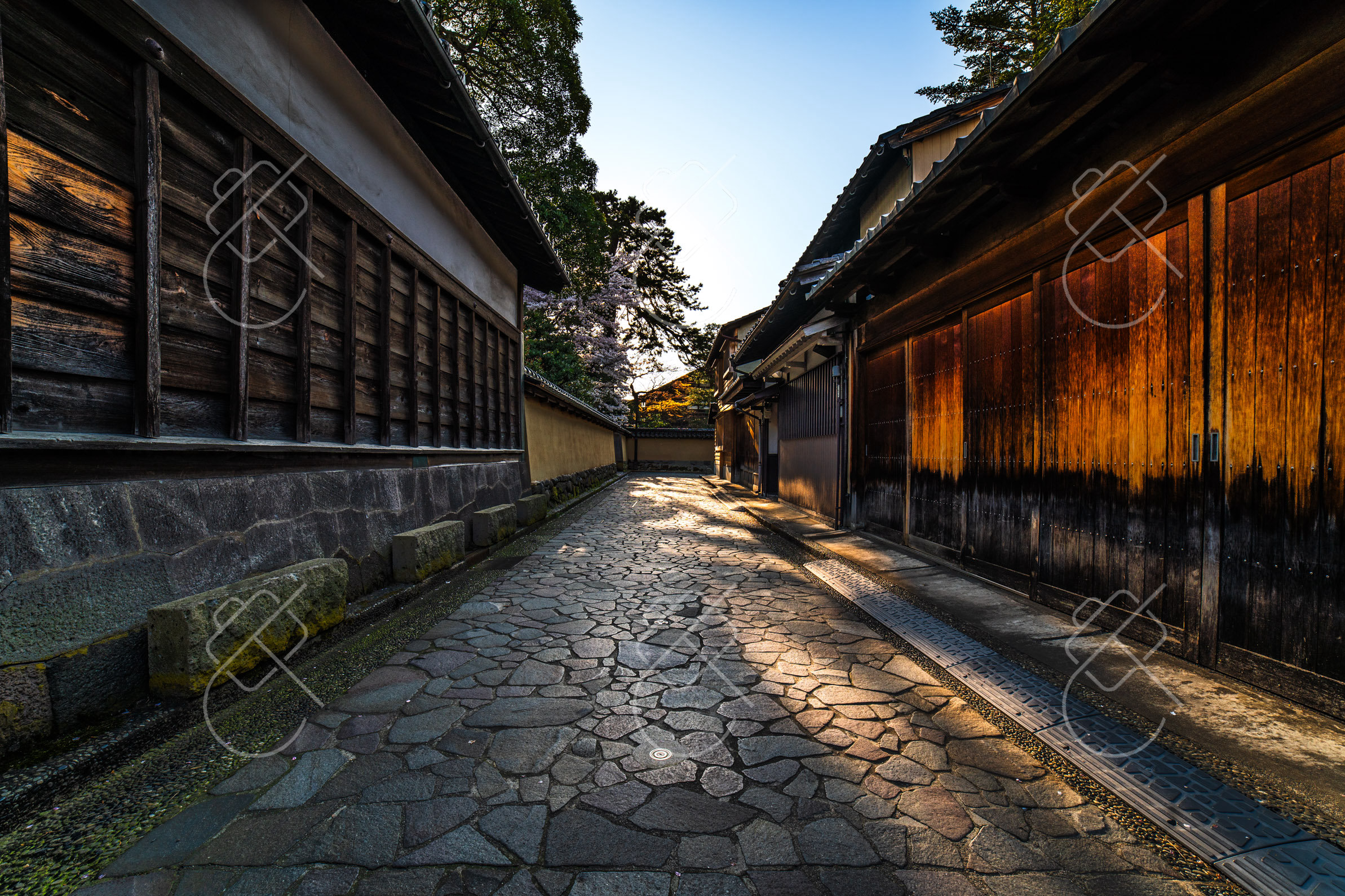 Sunlit earthen mud walls (tsuchikabe) and cobblestone paths in the Nagamachi samurai quarter — Kanazawa, fine art travel photography print available from Clever Tourists