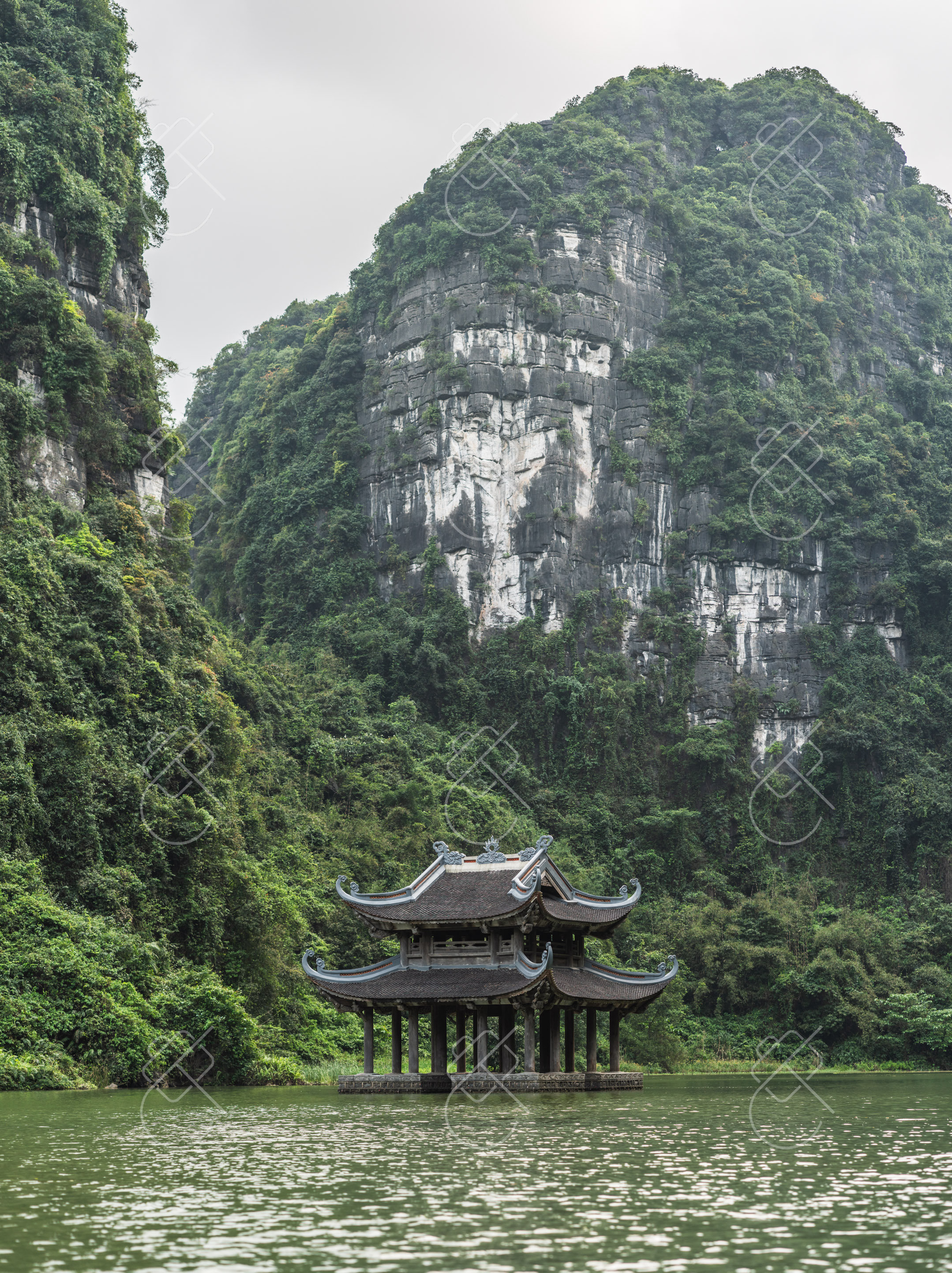 Pagoda roofs rising beneath Ninh Binh's limestone walls — Tam Coc, Bich Dong & the countryside