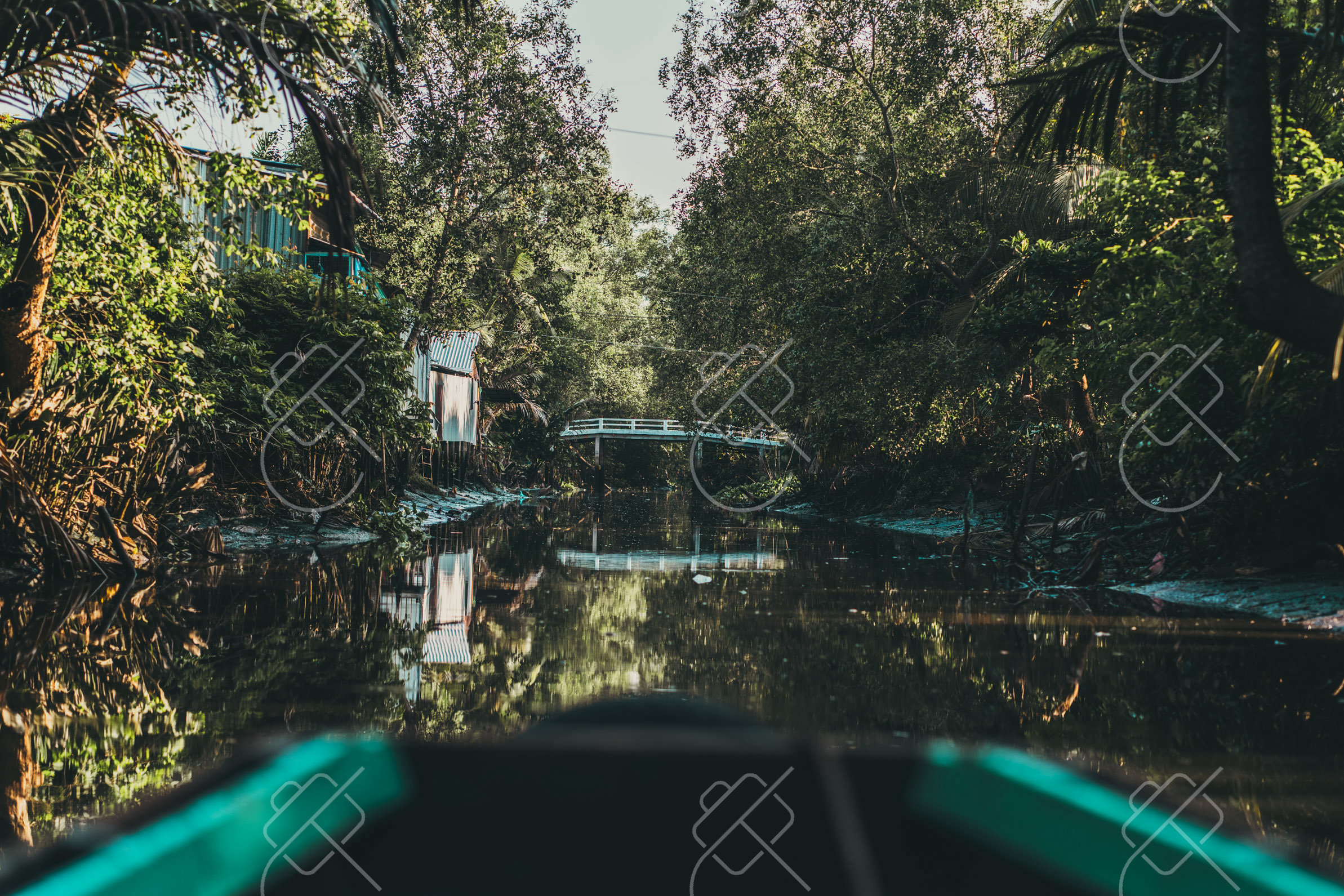 Gliding down a shaded backwater canal lined with palms and greenery — Can Tho, fine art travel photography print available from Clever Tourists