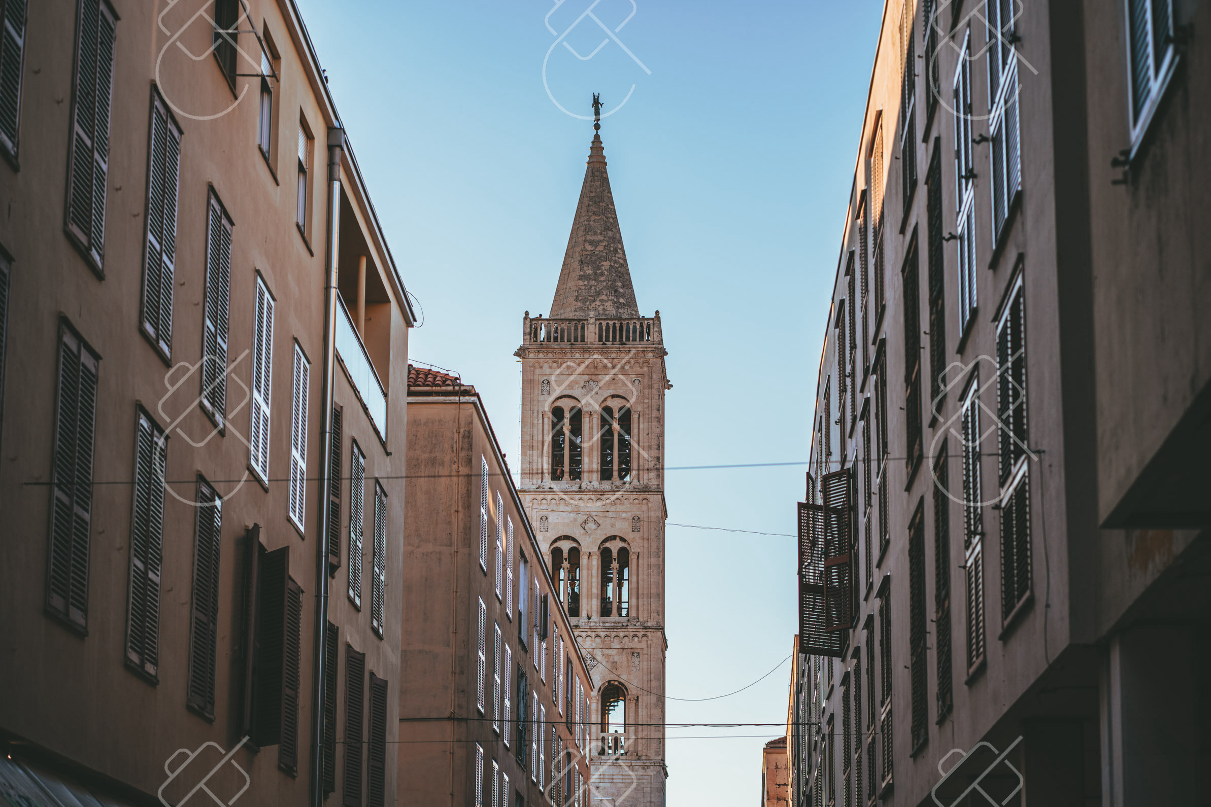 Zadar Cathedral's bell tower, framed by the old town's narrow streets — Zadar, fine art travel photography print available from Clever Tourists