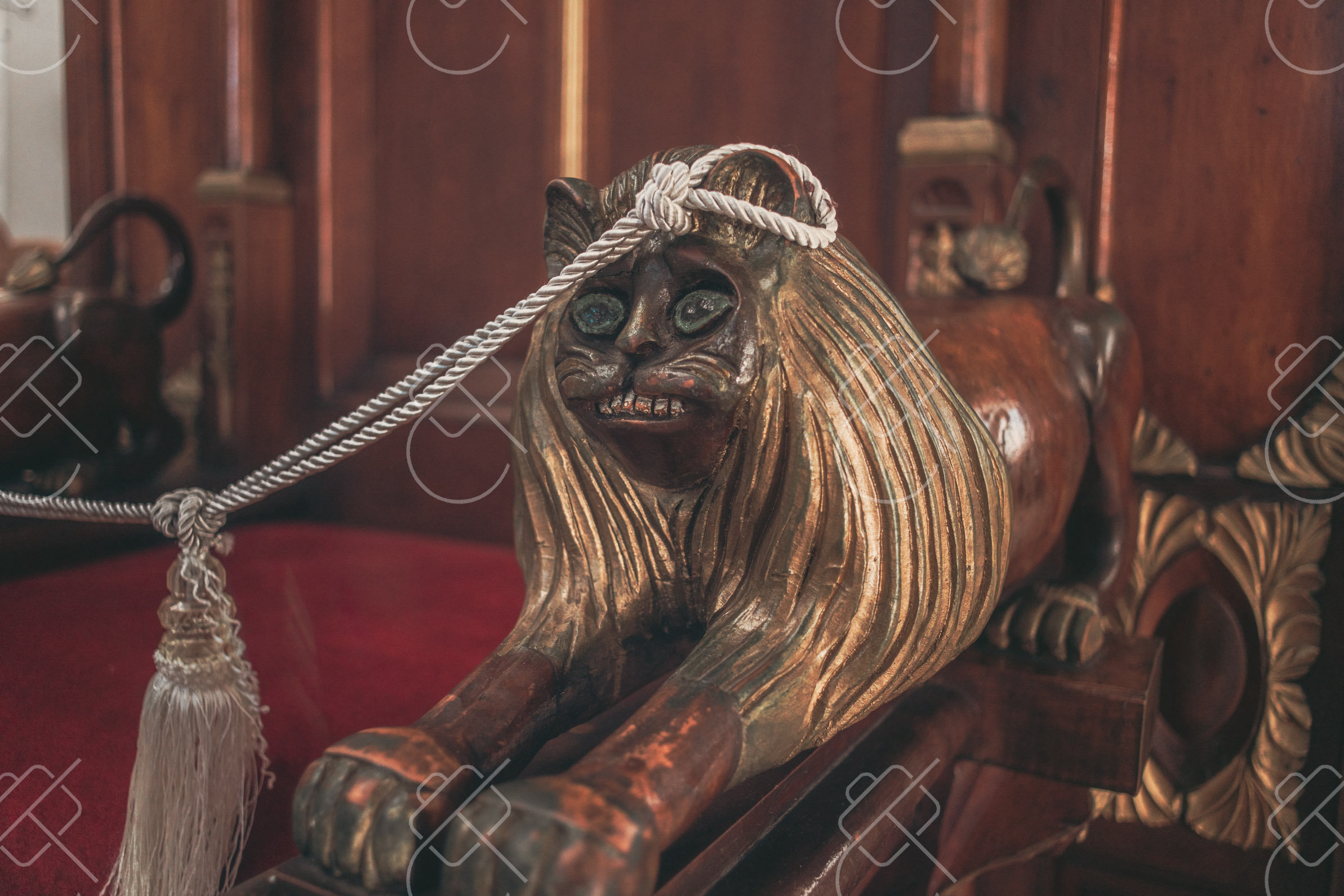 A carved and gilded lion on the bishop's throne inside the cathedral — Central Nikšić, fine art travel photography print available from Clever Tourists