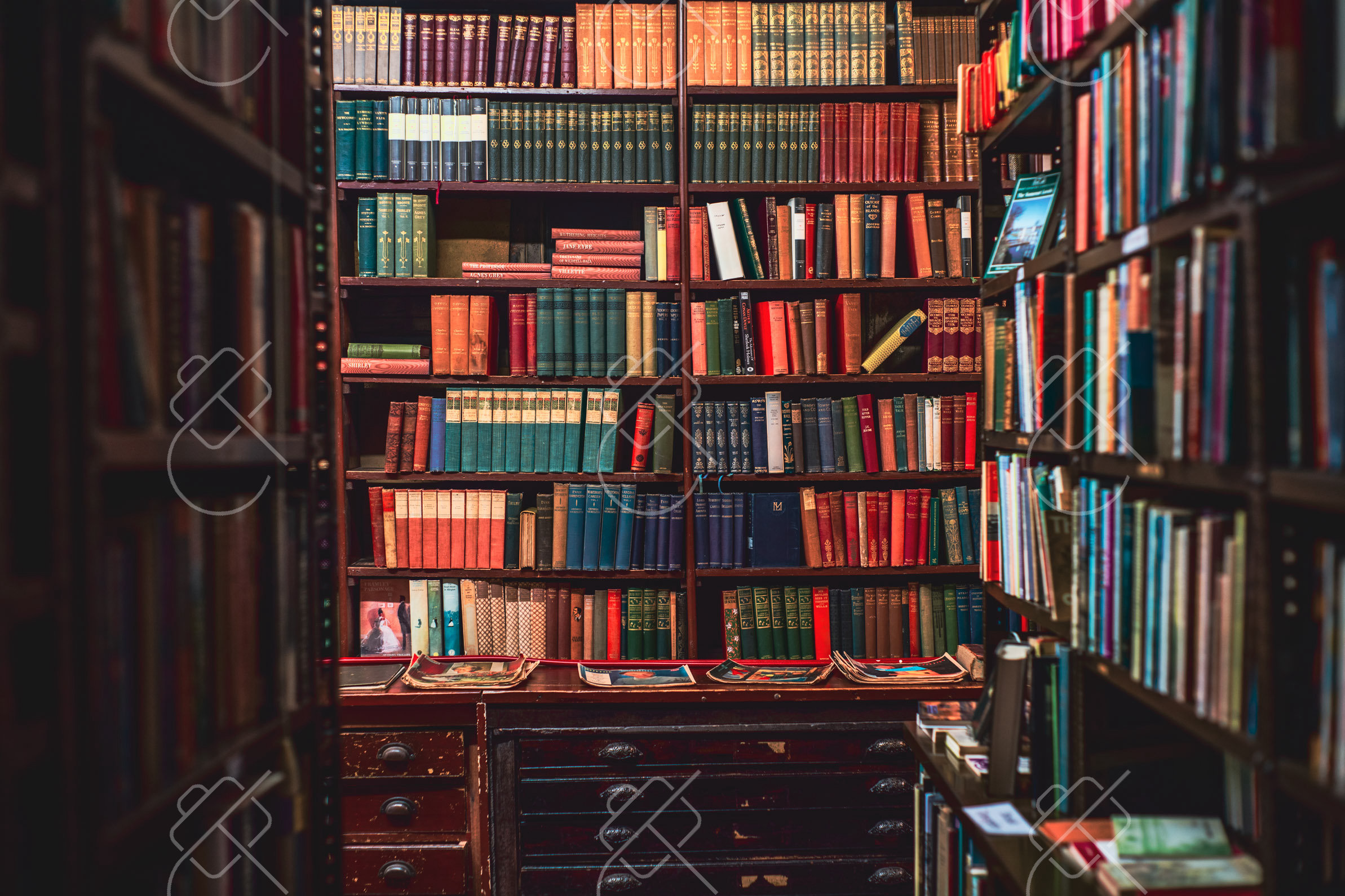Shelves of secondhand books inside one of Bath's antiquarian bookshops near the Abbey — Bath, fine art travel photography print available from Clever Tourists